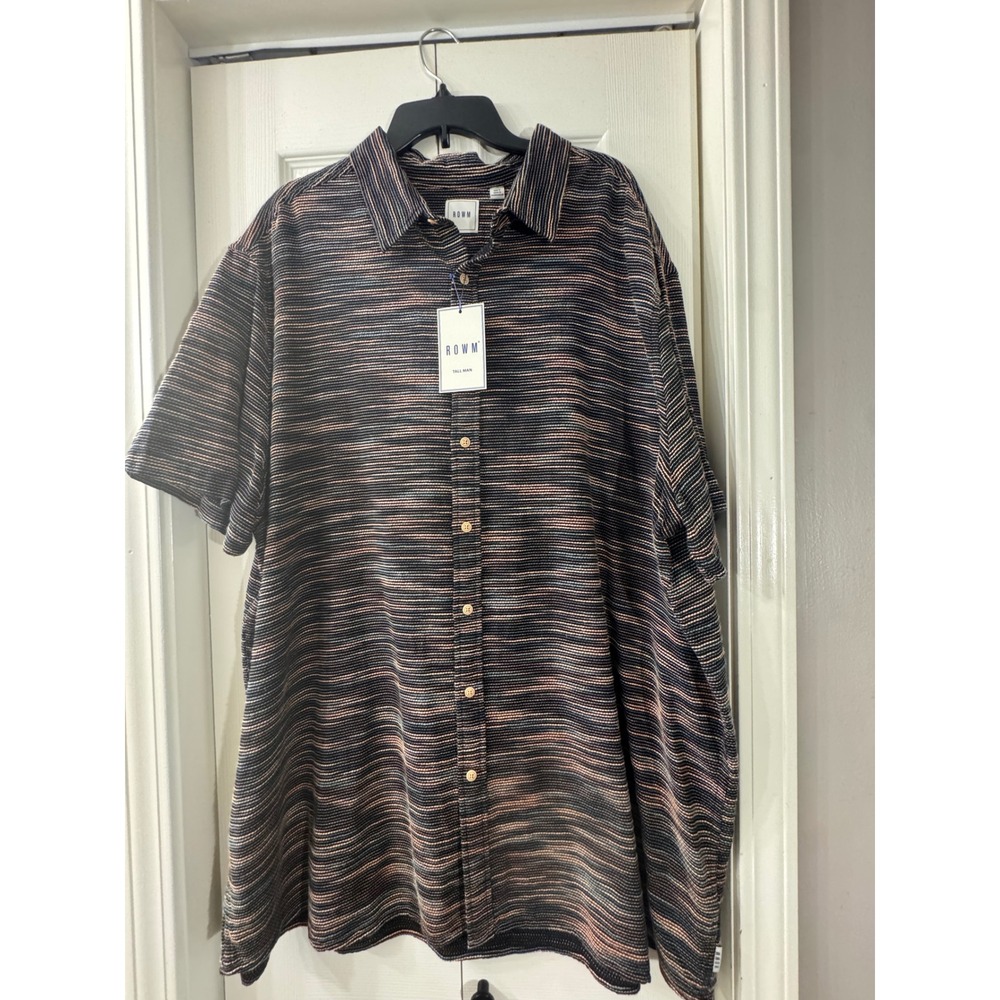 ROWM Tall Man Button Down Shirt Mens 3XT Black Orange Blue Stripe Short Sleeve